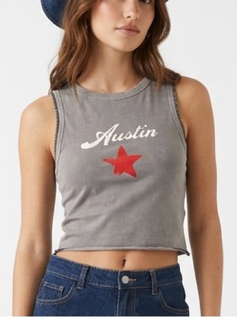 Forever 21 Grey Austin Crop Top With Red Star Graphic Size Small